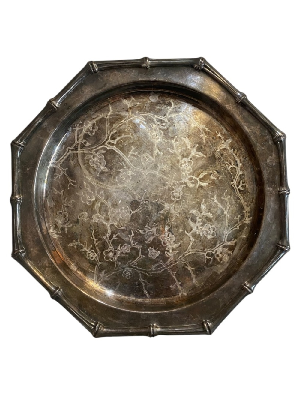 Vintage Chinoiserie octagonal silver plated tray, cherry blossoms & bamboo trim